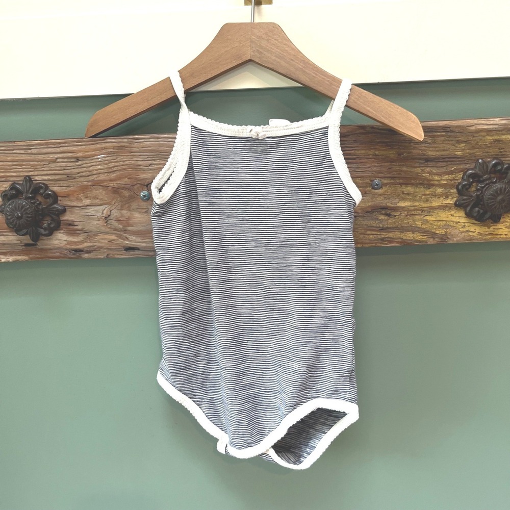 Jamie Kay Navy White Striped Ribbed Bodysuit Picot Lace Trim Size 1Y 12M